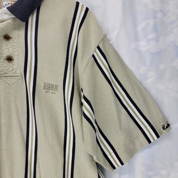 Cutter & Buck Mens Large Golf Polo Shirt Beige Blue Striped - Picture 2 of 6